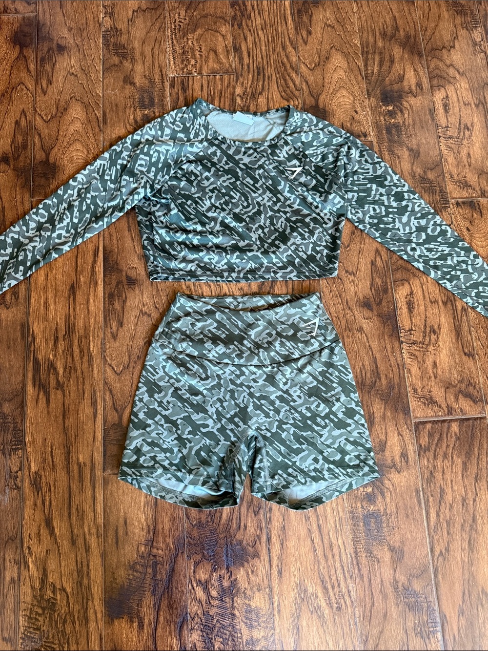Gymshark Olive Green Camo Women's High-Waist Shorts and Top, size small